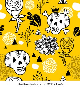 Endless background with skull and roses. Vector floral pattern.