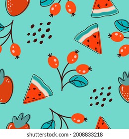 Endless background with slices of watermelon, strawberry and wild berries. Cartoon on a green background. Seamless abstract print with fruit texture. Fabric design, wallpaper. Vector, flat style.