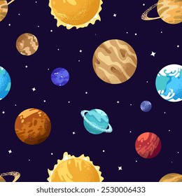 Endless background with solar system. Repeatable pattern of planets, globes, sun, stars, celestial bodies, asteroids in space. Backdrop of universe, cosmos, galaxy. Flat seamless vector illustration