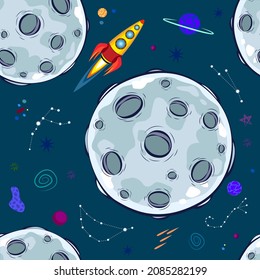 Fondo infinito. Espacio. Luna o meteorito y cohete 