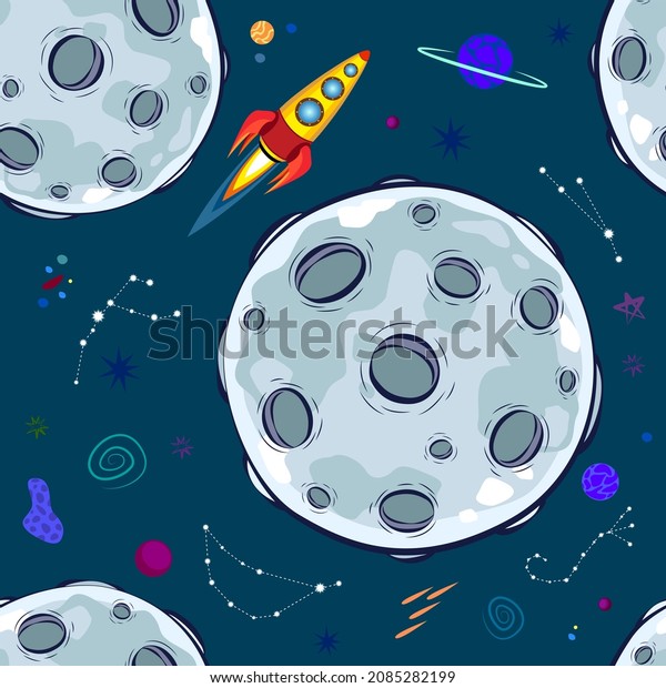 Endless\
background. Space. Moon or meteorite and rocket\
