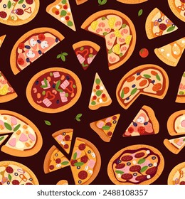 Endless background with whole, pieces of different pizza. Repeatable pattern of traditional Italian food. Backdrop with pepperoni, margarita triangle slices. Flat seamless vector illustration