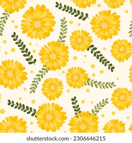 endless background with yellow marigolds. yellow flowers with leaves scattered over the background. endless blooming pattern in bright colors.