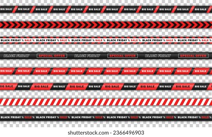Endless barricade tapes, discount stripes for online shopping isolated on transparent background. Big collection of seamless bright red realistic ribbons with text - big sale, Black Friday. 