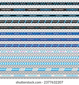 Interminables cintas de barricada, franjas de descuento para las compras en línea del Lunes Cibernético aisladas sobre fondo transparente. Gran colección de cintas transparentes azul brillante, cian realistas con texto - gran venta