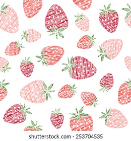 Endless berry texture, repeating strawberry background. Summer harvest background. Seamless pattern with scratched strawberries. Dessert backdrop. White background template.