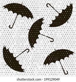 Endless black and white background with raindrops and silhouettes of umbrellas