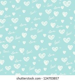 Endless blue romantic simple pattern. Seamless texture with doodle hearts and notes. Template for design textile, backgrounds, wrapping paper, package, greeting cards