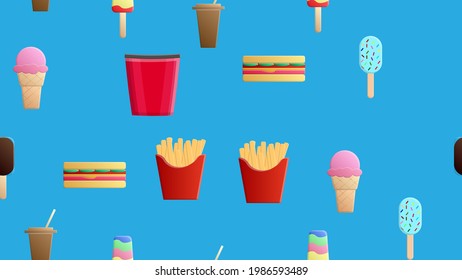 Endless blue seamless pattern of a set of delicious food and snack items icons for a restaurant bar cafe: fries, sandwich, ice cream, coffee, popcorn. The background