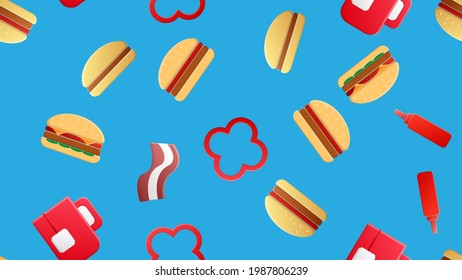 Endless blue seamless pattern of a set of icons of delicious food and snacks items for a cafe bar restaurant: tea, burger, ketchup, bacon, jalapeno peppers. The background