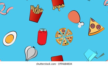 Endless blue seamless pattern of a set of icons of delicious food and snacks items for a restaurant bar cafe: burger, pizza, fries, ice cream, soda, noodles, sausage, garlic. The background