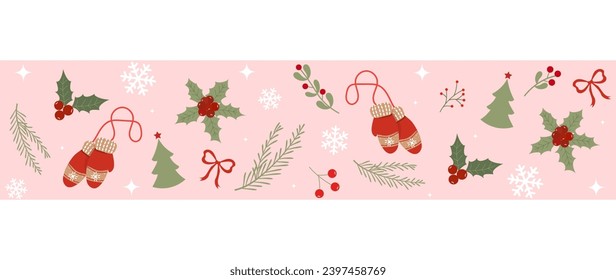 La interminable frontera de Navidad y Año Nuevo. Ramas, mistletoe, estrellas, guantes, mitones, árbol de Navidad. Patrón de repetición sin inconvenientes. Doodle de dibujos animados. Patrón vectorial, diseño para textiles, embalaje, pa