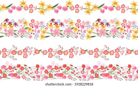 Endless borders with spring and summer flowers. Illustration can be used for floral and festive decoration.