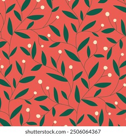 Fondo de Navidades botánicas sin fin de ramas verdes con hojas y bayas blancas sobre fondo rojo. Patrón floral decorativo de invierno