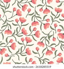 Endless botanical flower background. Seamless Repeat Pattern. Vector pattern of pastel tones on a light background for textiles, packaging, paper, wallpaper.