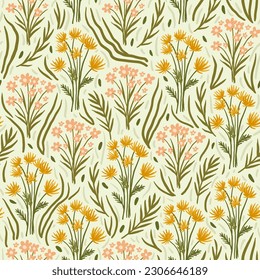 endless botanical pattern with a cozy ornament of flowers, twigs and leaves. seamless background of directional plants. eco pattern with summer mood. folk motives.