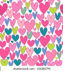 Endless bright abstract love pattern. Cute cartoon backdrop with hand drawn hearts. Baby textile texture