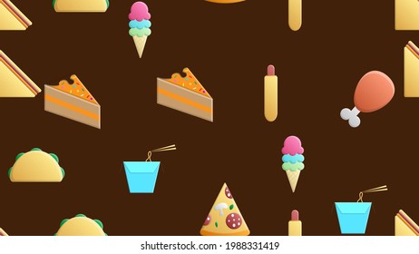 Endless brown seamless pattern of delicious food and snack items icons set for restaurant bar cafe: noodles, pizza, chicken leg, hot dog, ice cream, cake, sandwich, burrito. The background