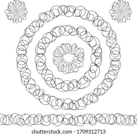 Endless Brush of Funny Cute Circle Bubbles. Circle Wreath and Flowers. Ink illustration. Geometric Pattern for Invitation Template. Hand Drawn Doodle Style Craft Backdrop. Colorful Illustration.