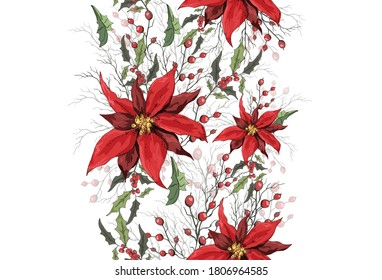 Endless brush pattern with winter poinsettia flowers. hand-drawn doodles in a realistic style. realistic elements, vertical border for seasonal design. vintage style.