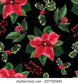 Endless brush pattern with winter poinsettia flowers, holly, berries. Hand-drawn illustration in a realistic style. Border for seasonal design. Vintage style. Black background.