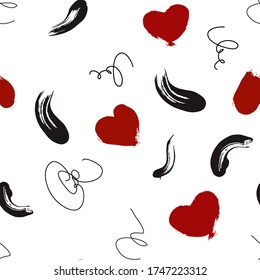Endless Brush Stroke Print. Hearts Background. Repeated Brush Pattern Vector. Seamless Ornamental Art Brush & Hearts. Paint Brush Pattern. Ornamental Hearts Paint Pattern.