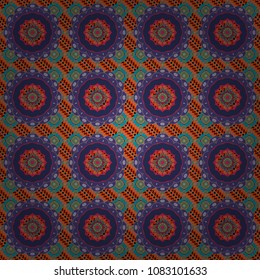 Endless can be used for ceramic tile, wallpaper, linoleum, textile. Vector illustration. Ceramic tile with colorful patchwork. Vintage multicolor seamless pattern in gray, orange and violet colors.