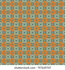 Endless can be used for ceramic tile, wallpaper, linoleum, textile. Vintage multicolor seamless pattern in blue, beige and orange colors. Vector illustration. Ceramic tile with colorful patchwork.