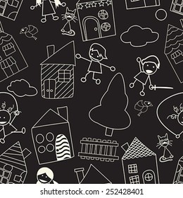 Endless chalk board pattern with playing children  and houses