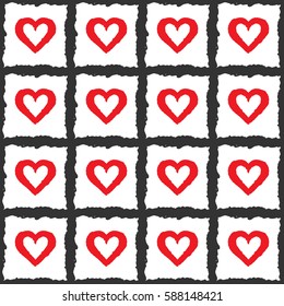 Endless checkered background. The outlines of hearts. Color pattern. Drawn with a brush. Red, black, white. Vector illustration.