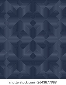 Padrão de divisa sem fim em azul suave sobre gráficos vetoriais de estrutura de grade preta. O design linear fino combina simetria árabe com estilo moderno. Perfeito para papéis de parede sutis ou visuais de tecnologia abstratos