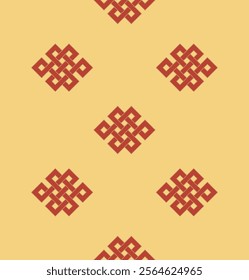 Endless chinese decorative knot, seamless pattern, red on gold background, vector