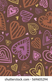 Endless chocolate pattern with hand-drawn hearts. Decorative romantic seamless texture. Can be used for wrapping paper, package, textile, wedding invitation. Valentine's Day vector illustration.