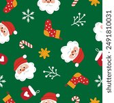 An endless Christmas pattern with cute winter decor elements on a green background. Flat cartoon illustration for postcards, banners, posters, packaging, paper. Seamless vector repeating pattern.