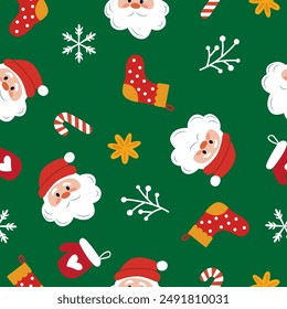 An endless Christmas pattern with cute winter decor elements on a green background. Flat cartoon illustration for postcards, banners, posters, packaging, paper. Seamless vector repeating pattern.