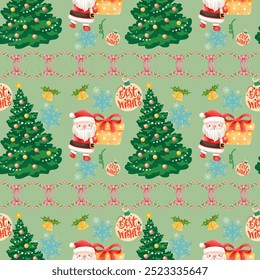 Un patrón de Navidades interminables con Elementos lindos de la decoración del invierno en un fondo verde. Ilustración plana de dibujos animados para postales, Anuncios, carteles, embalaje, papel. Patrón de repetición de Vector sin fisuras.