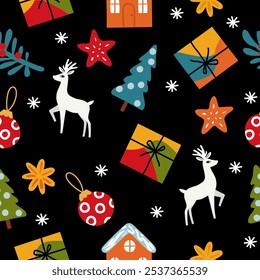 An endless Christmas pattern with cute winter decor elements on a black background. Hand-drawn flat cartoon illustration for postcards, banners, posters, packaging, Seamless vector repeating pattern.