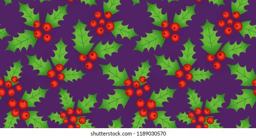 Endless Christmas Pattern. Holly Berries Background. Vector.