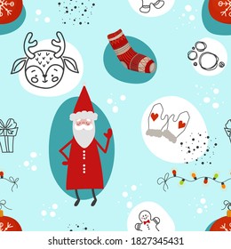 Endless Christmas seamless pattern with Santa Claus and Christmas decor. Vector illustration in a cute cozy cartoon style for print and digital use.