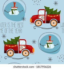 Endless Christmas-themed seamless pattern with lettering and Christmas characters. Vector illustration in a cute cozy cartoon style for print and digital use.