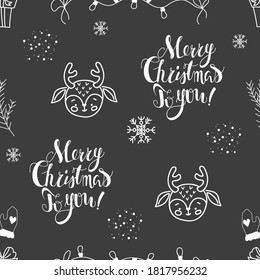 Un interminable patrón de Navidad con letras y personajes de Navidad. Ilustración vectorial en un lindo y acogedor estilo de caricatura para uso impreso y digital.