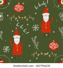 Endless Christmas-themed seamless pattern with lettering and Christmas characters. Vector illustration in a cute cozy cartoon style for print and digital use.