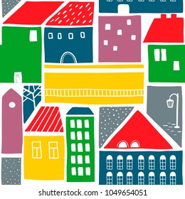 Endless colorful background with old houses in the town. Vector wallpaper.