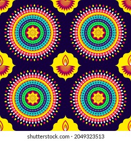 Endless Colorful Mandala And Lit Oil Lamps (Diya) Pattern On Blue Background.