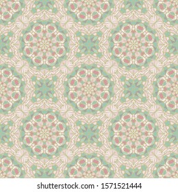 Endless colorful mandala pattern in beige, green and pink for wallpapers, design and backgrounds, vector seamless pattern.