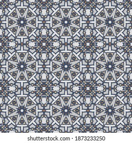 Endless colorful mandala pattern for wallpapers, design and backgrounds, vector seamless pattern in white gray blue orange.