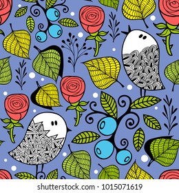 Endless creative background with doodle birds with leaves and berries. Vector illustration.