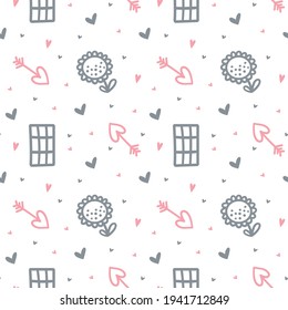 Un interminable fondo de doodle lindo con chocolate, flechas de amor, girasoles y corazones. Patrón vectorial plano, ornamento, textil, tela o postales. Día de San Valentín