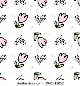 Endless cute doodle background with flowers, hearts and dots. Flat vector pattern, ornament, textil, fabric or postcards