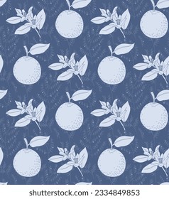 Patrón sin foco de frutos anaranjados y flor sobre fondo texturado botánico en tonos azules. Diseño de superficie dibujado a mano por Chinoiserie para textiles y papel.
